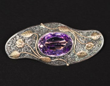 Arts & Crafts Period Sterling Silver, Gold & Faceted Amethyst Brooch c1910