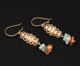 Arts & Crafts Period 14k Gold, Jade, Crystal & Agate Earrings c1920s