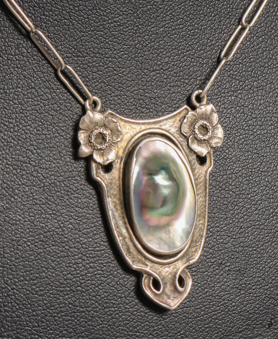 Kalo - Chicago Sterling Silver & Blister Pearl Pendant Necklace c1910 (1 of 6)