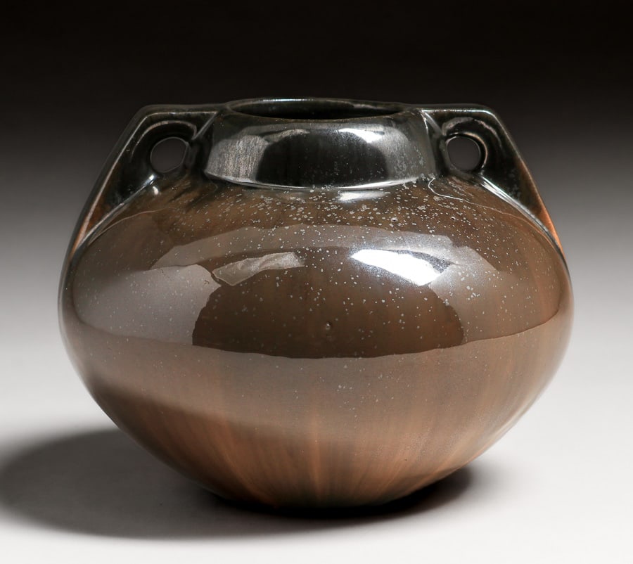 Fulper Pottery Mirror Black & Orange Flambe Two-Handled Bulbous Vase c1917-1920 (1 of 5)