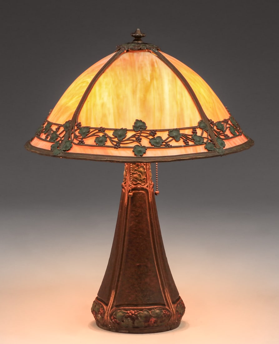 Arts & Crafts Period Grapevine Overlay Curved Glass Lamp c1920 (1 of 8)