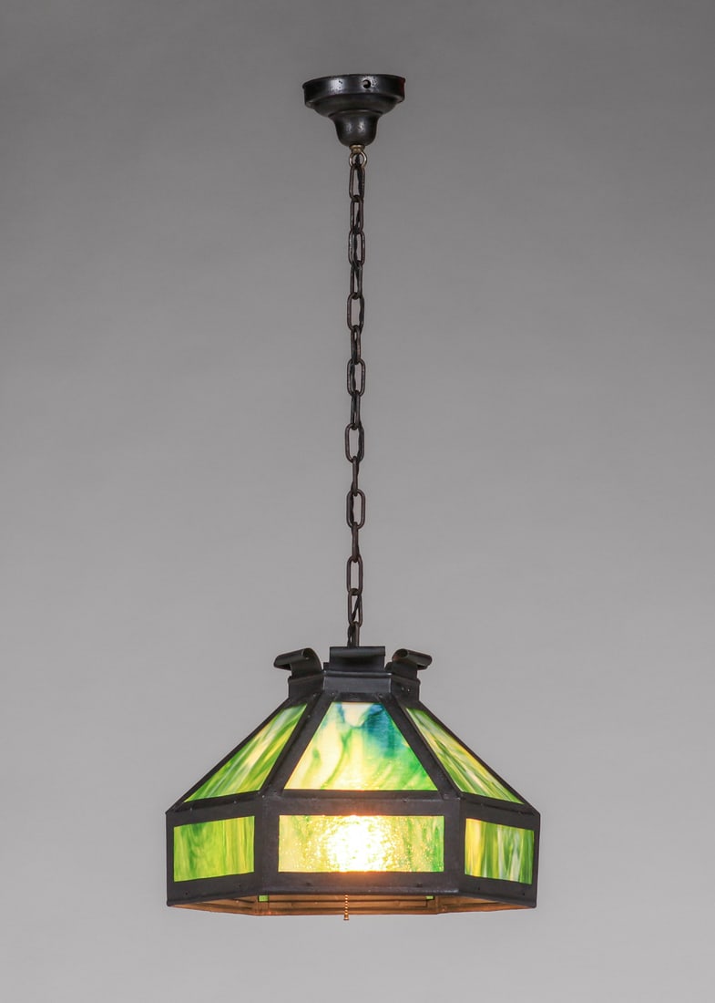 Arts & Crafts Iron & Green Slag Glass Hanging Chandelier c1910s (1 of 7)