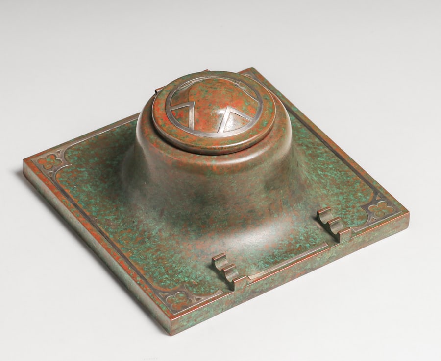 Silvercrest Sterling on Bronze Overlay Square Inkwell c1920: Silvercrest Sterling on Bronze Overlay Square Inkwell c1920. Signed. Excellent original patina. 7" x 7" x 3.5"h. FREE NATIONWIDE SHIPPING for all of your purchases at our Two Day Auction within the lo