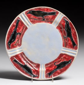 Early Pewabic Pottery Hand-Carved Raven Plate c1905