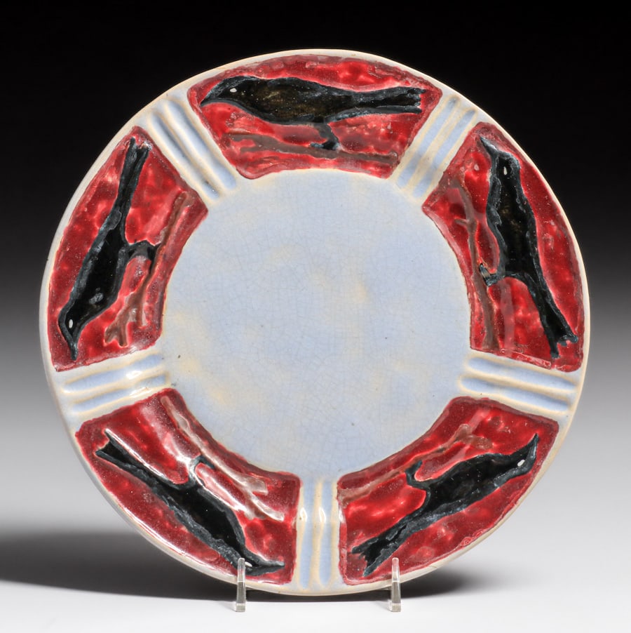 Early Pewabic Pottery Hand-Carved Raven Plate c1905