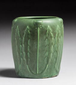 Hampshire Pottery Matte Green Dandelions & Leaves Vase c1910