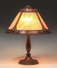 Arts & Crafts Hammered Copper & Curved Slag Glass Lamp c1910