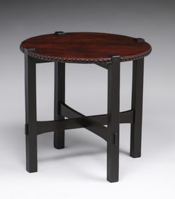 Early Gustav Stickley 30"d Leather-Top Lamp Table c1901