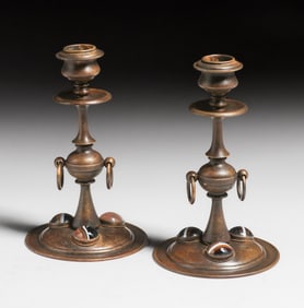 Arts & Crafts Period Bronze & Scottish Agate Candlesticks c1900