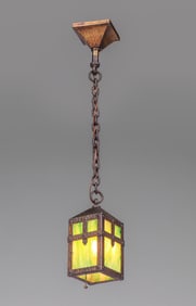 Arts & Crafts Hammered Brass & Slag Glass Hanging Light c1910
