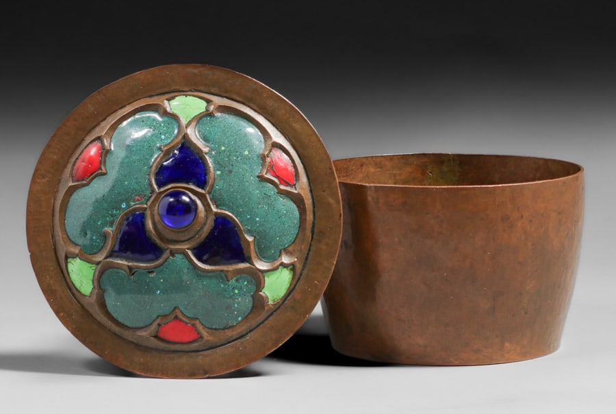 Early Harry St John Dixon Hammered Copper & Enamel Covered Vase c1915-1920: Early Harry St John Dixon Hammered Copper & Enamel Covered Vase c1915-1920. The Orientalist influence of this piece has roots from Dixon's several years working for Lillian Palmer in San Francisco fro