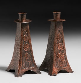 Arts & Crafts Hammered Copper Acid-Etched Candlesticks c1920s