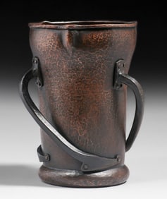 Stickley Brothers #93 Hammered Copper Vase Three Hand-Forged Iron Handles c1910