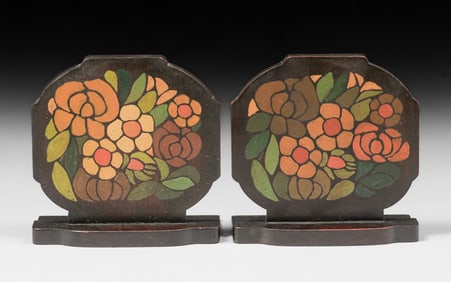 Mathews Furniture Shop - Arthur & Lucia Mathews Hand Painted Mahogany Bookends c1910s