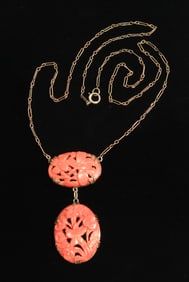 Arts & Crafts Period 14k Gold & Hand-Carved Coral Neclace c1910