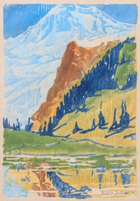 Waldo Chase (1895-1988) Color Woodcut “Aurora Lake & Elephant Bute - Puyallup Glacier?? 1980