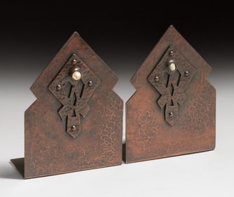 Early Dirk van Erp Hammered Copper & Mother-of-Pearl Riveted Cutout Bookends c1909-1910