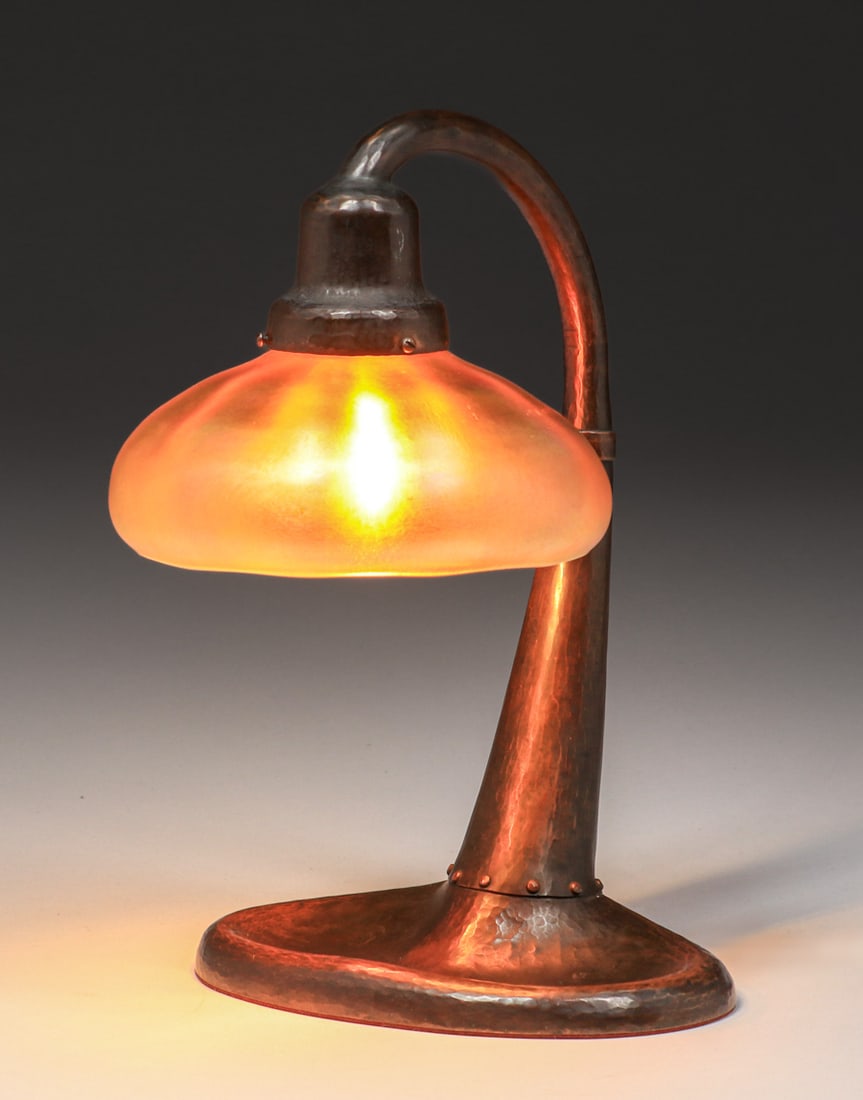 George H. Trautmann – attributed – Hammered Copper & Steuben Glass Lamp c191o: George H. Trautmann – attributed – Hammered Copper & Steuben Glass Lamp c191o. Unsigned. Excellent original patina. 11.75"h x 7.75"w x 6.25"d FREE NATIONWIDE SHIPPING for all of your purchases at