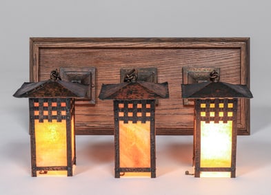 Upstate New York Hammered Copper & Slag Glass Triple Hanging Pendant Lights c1910