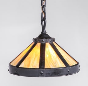 Arts & Crafts Period Iron & Curved Slag Glass Hanging Chandelier c1910s