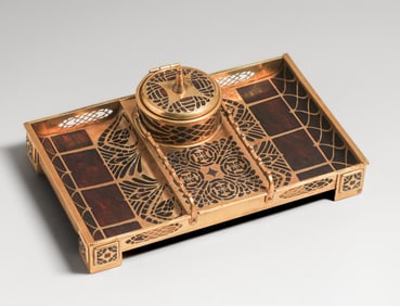 Erhard & Sohne - German Arts & Crafts Mahogany & Brass Desk Tray Inkwell c1905