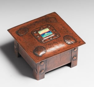 Arts & Crafts Hammered Copper & Sunset Enamel Box c1910