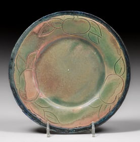 Pewabic Pottery Hand-Carved Iridescent Apple Plate c1920s