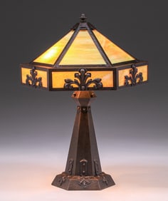 Arts & Crafts Period Hammered Copper & Slag Glass Hexagonal Lamp c1910s