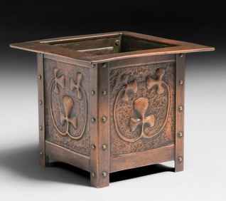 Margaret Gilmour – Glasgow Hammered Copper Clovers Jardiniere c1900s