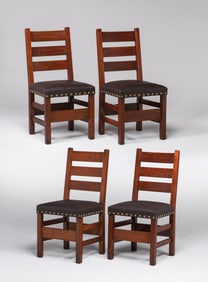 Gustav Stickley #349 1/2 Set of 4 Heavy Ladderback Dining Chairs c1910