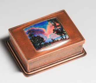 Frank Marshall - attributed - Boston Arts & Crafts Hammered Copper & Enamel Box c1905