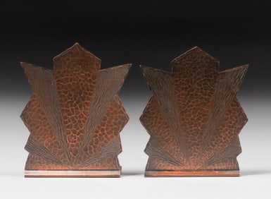 Arts & Crafts Period Art Deco Hammered Copper Bookends c1920s