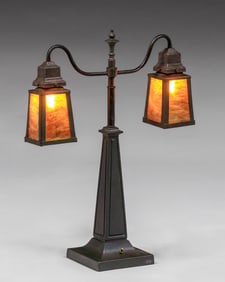 Arts & Crafts Prairie School Brass & Slag Glass Double Lamp c1920s