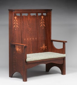 Early Stickley Brothers Oak Inlaid Hall Settle c1902