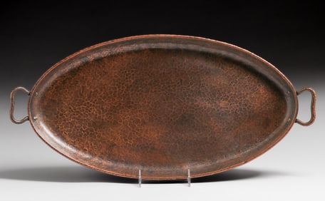 Gustav Stickley Hammered Copper Oval Two-Handled Tray c1910