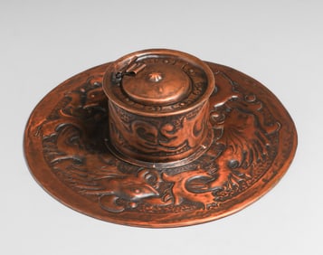 Newlyn Hammered Copper Repousse Fish Inkwell c1900s