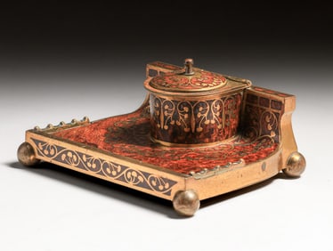 Erhard & Sohne – German Arts & Crafts Mahogany & Brass Inkwell Desk Piece c1905