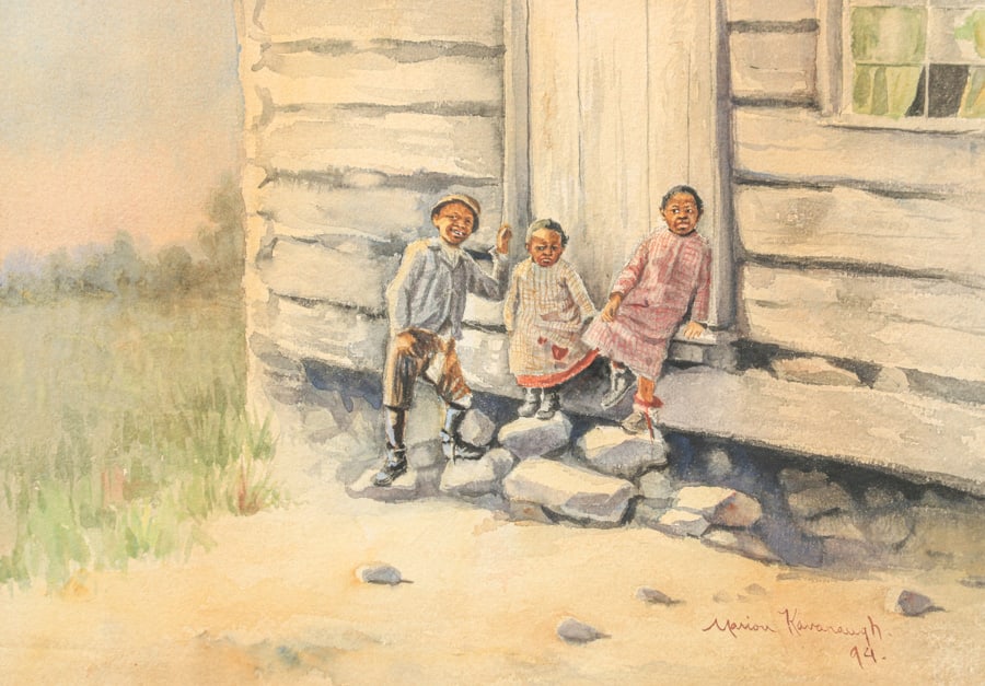 Marion Ida Kavanaugh Wachtel (1876-1954) Early Watercolor Log Cabin Children 1894 (1 of 5)