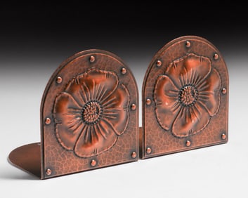 Roycroft Hammered Copper Poppy Bookends c1920s