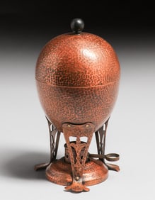 Joseph Heinrich Hammered Copper & Silver Covered Egg Canister with Cutout Legs c1910