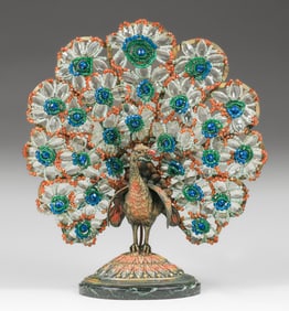 Art Deco Cold Painted Peacock Beaded Lamp c1920s