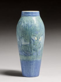 Newcomb College Sadie Irvine Heavily Carved Scenic Spanish Moss & Moon Vase 1920