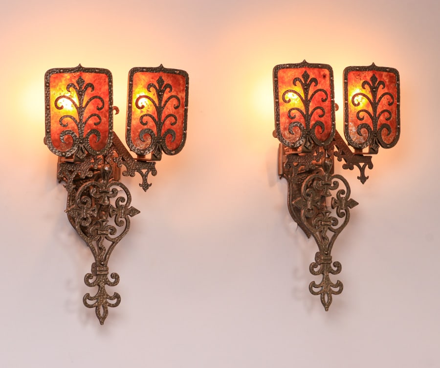 Pair Arts & Crafts Spanish Revival Hammered Copper & Mica Sconces c1920s (1 of 6)