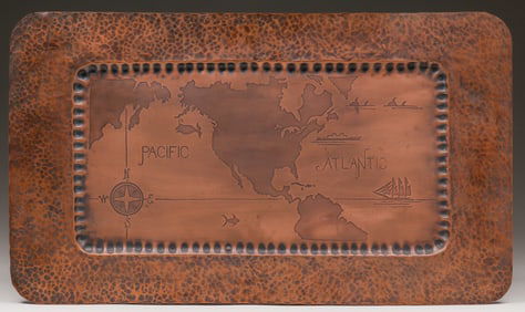 Arts & Crafts Hammered Copper Acid-Etched World Map Tray c1920s