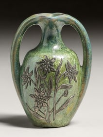 Pierrefonds - French Art Nouveau Silver Overlay Floral Crystalline Vase c1910