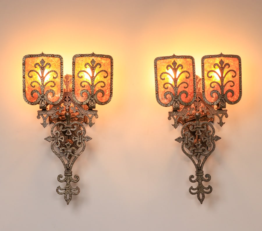 Pair Arts & Crafts Spanish Revival Hammered Copper & Mica Sconces c1920s (1 of 6)