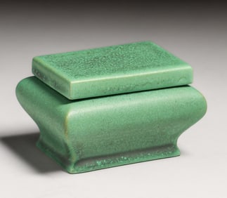 Teco Pottery Matte Green Rectangular Covered Vase c1910