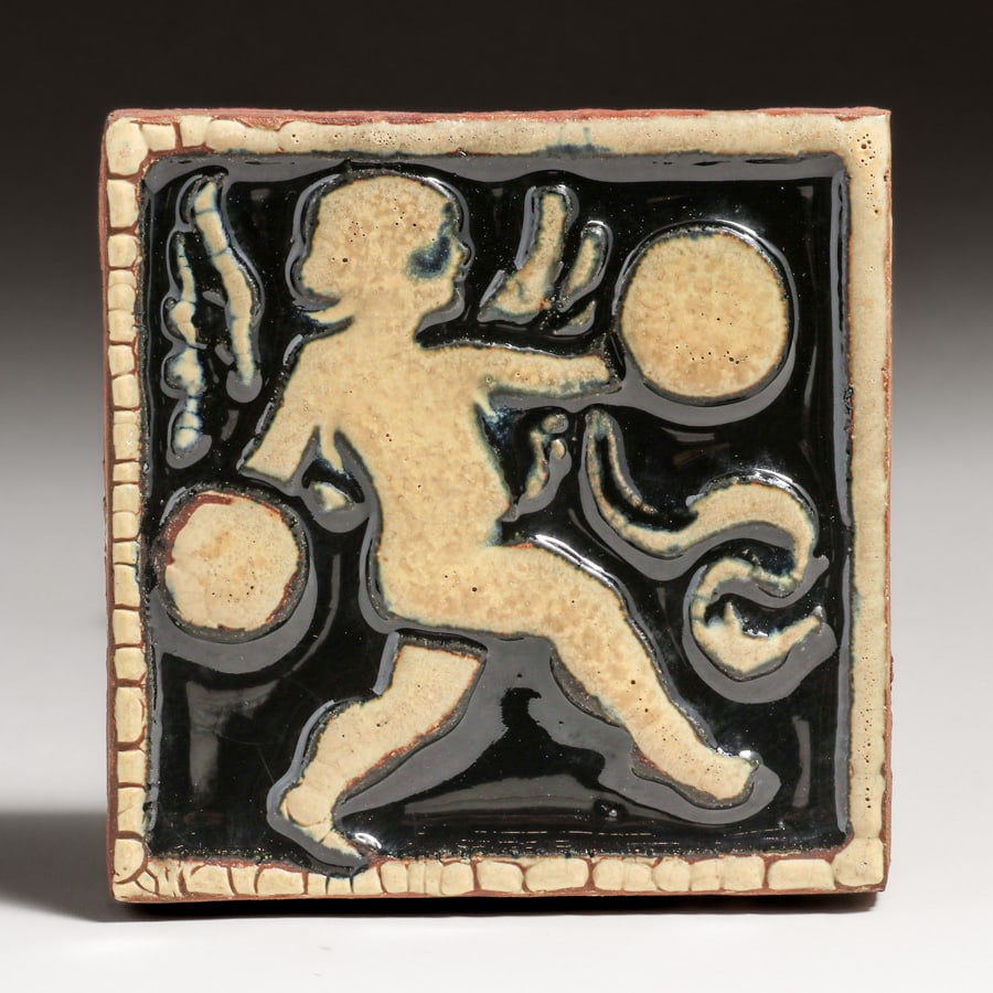 Grueby Faience Cupid Tile c1905 (1 of 4)