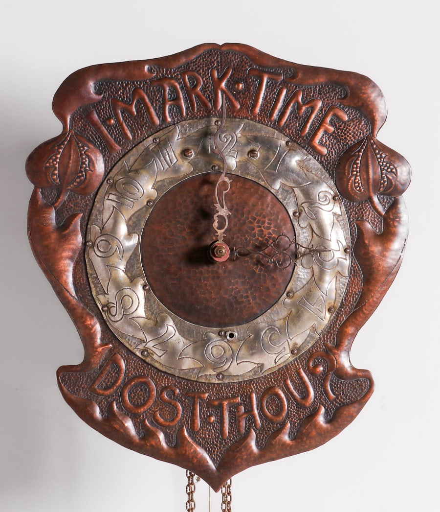 English Arts & Crafts Hammered Copper Hanging Wall Clock c1900 (1 of 8)