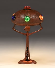 Austrian Hammered Copper & Brass "Chunk" Glass Lamp c1905